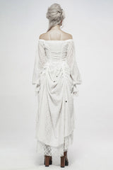 White Off Shoulder Long Puff Sleeves Ruffle Mesh Women's Gothic Dress - Product - 3