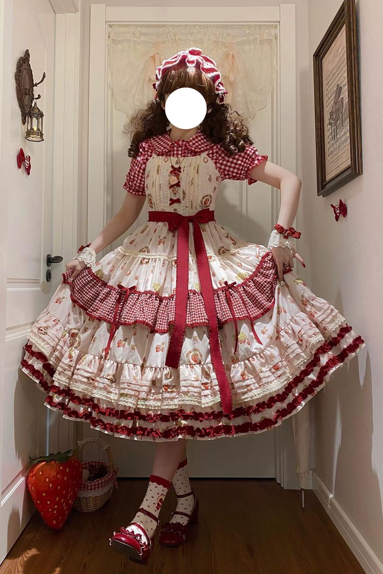 Red/Ivory [Little Flying Strawberry] Square Collar Sleeveless Multi-Layered Printed Ruffled Bow Sweet Lolita Jsk Dress - Red/Ivory - 1