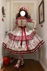 Red/Ivory [Little Flying Strawberry] Square Collar Sleeveless Multi-Layered Printed Ruffled Bow Sweet Lolita Jsk Dress - Red/Ivory - 1