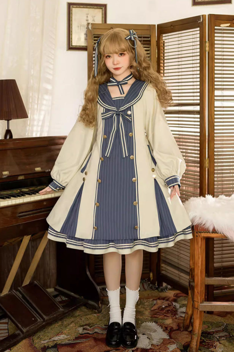 Blue/Apricot Navy Collar Long Sleeves Print Ruffle Bowknot Sweet Plus Size Lolita Dress - Blue/Apricot - 1