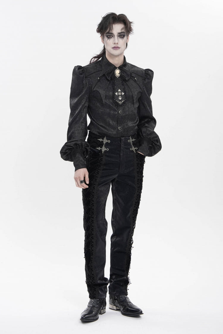 Black Printed Embroidered Spliced Lace-Up Men's Gothic Pants - Product - 1