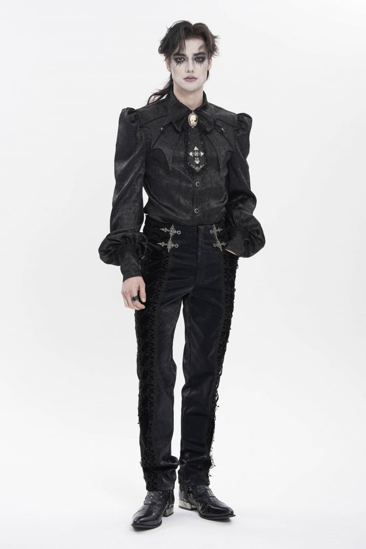 Black Printed Embroidered Spliced Lace-Up Men's Gothic Pants - Product - 1