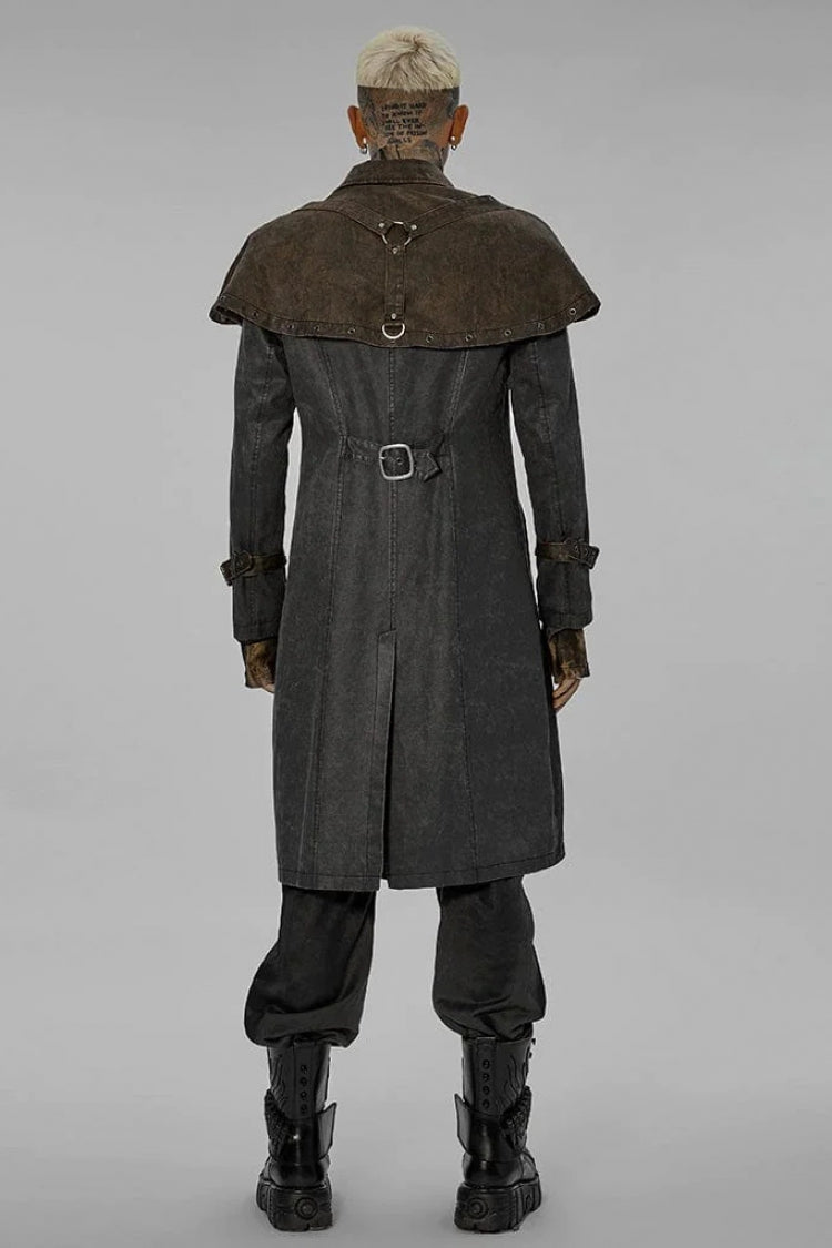 Grey Stand Collar Fake Two Piece Cloak Stitching Metal Buckle Mens Steampunk Coat - Product - 4