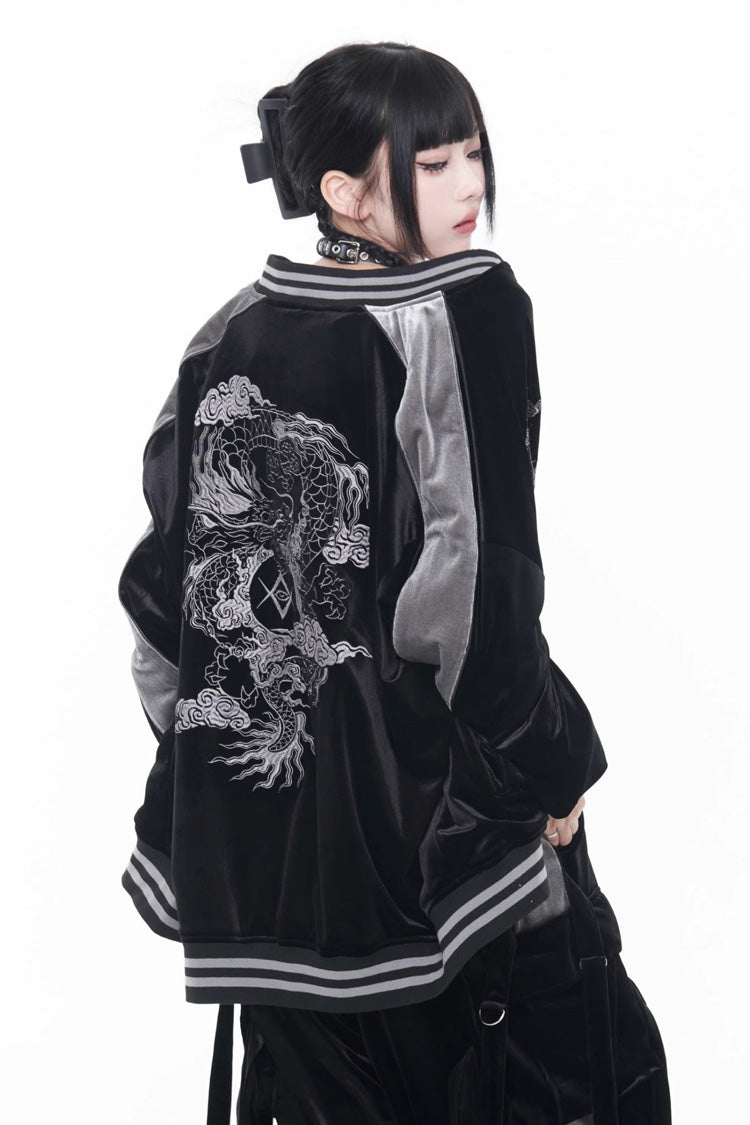Black Long Sleeves Print Embroidery Gothic Jirai Kei Chinese Style Japanese Coat - Black - 1