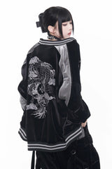 Black Long Sleeves Print Embroidery Gothic Jirai Kei Chinese Style Japanese Coat - Black - 1