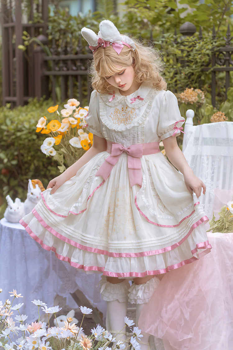 White/Pink Short Sleeves Multi-layer Ruffle Bowknot Sweet Lolita Dress - Product - 2