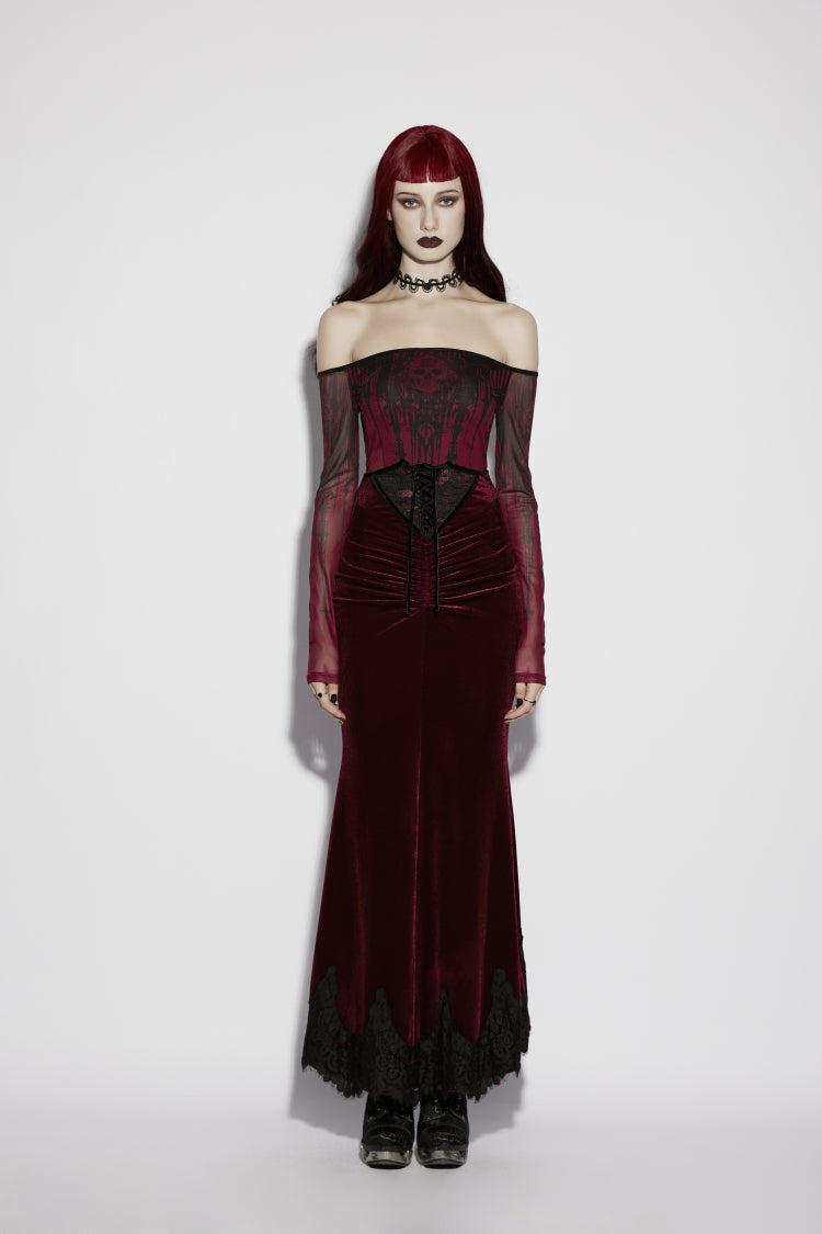 Red Lace Velvet Pleated Women's Gothic Elegant Mermaid Skirt - Product - 2