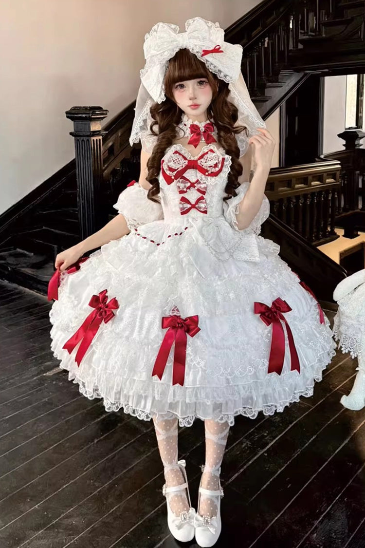 White [Dream of the Misty Moon] Sleeveless Multi-Layered Ruffled Bow Lace Pearl-Decorated Sweet Princess Lolita Jsk Dress - Product - 3