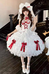White [Dream of the Misty Moon] Sleeveless Multi-Layered Ruffled Bow Lace Pearl-Decorated Sweet Princess Lolita Jsk Dress - Product - 3
