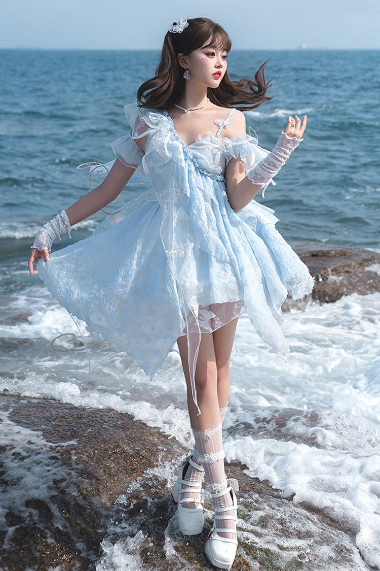 Blue [Summer of Bubbles] Sleeveless Ruffle Embroidery Lace Irregular Short Sweet Lolita Jsk Dress - Product - 2