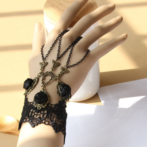 Black Retro Fashion Rose Flower Lace Tassel Female Gothic Lolita Ring Bracelet - Black - 1
