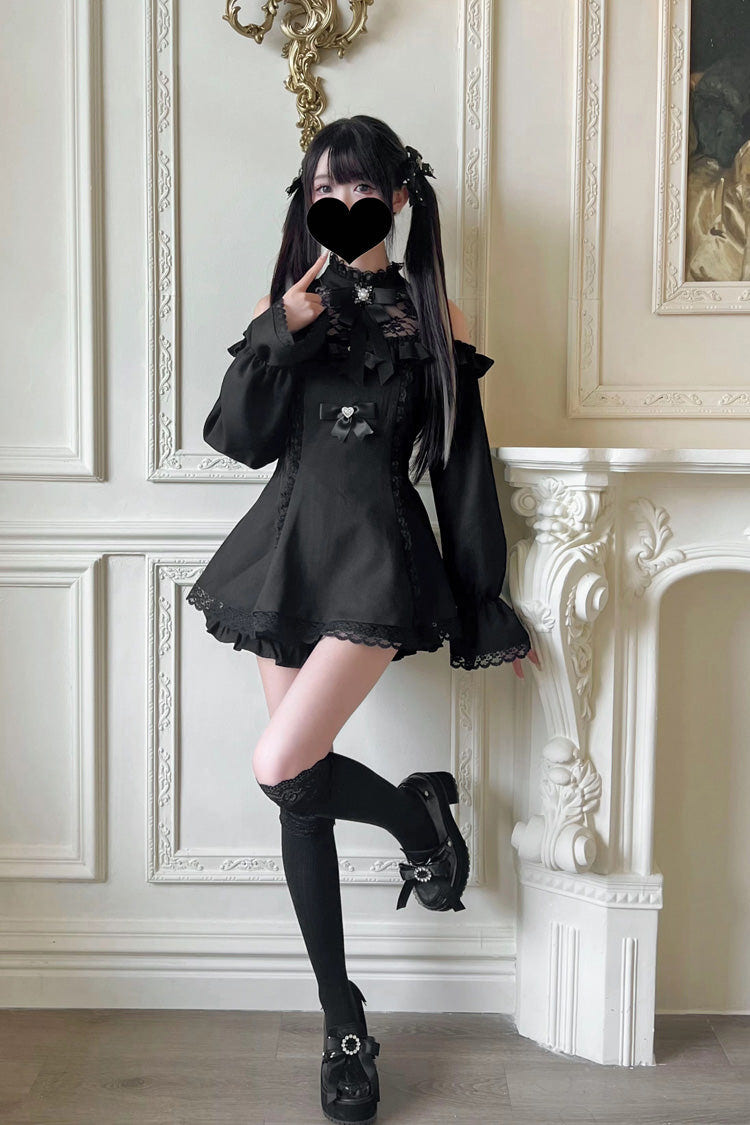 Sweet Off Shoulder Halterneck Long Sleeves Ruffle Bowknot Lace Jirai Kei Dress Shorts Set 4 Colors - Product - 6