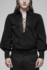 Black V Collar Long Puff Sleeves Hollow Lace-Up Mens Gothic Blouse - Black - 1