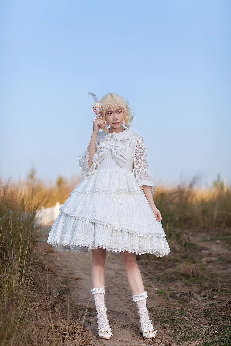 White Solid Color Tower of Dawn Bowknot Sleeveless Ruffle Sweet Lolita Dress - Product - 3
