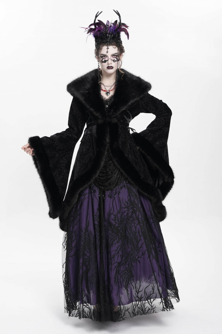 Black Long Sleeves Floral Embroidery Women's Gothic Fluffy Coat - Black - 1