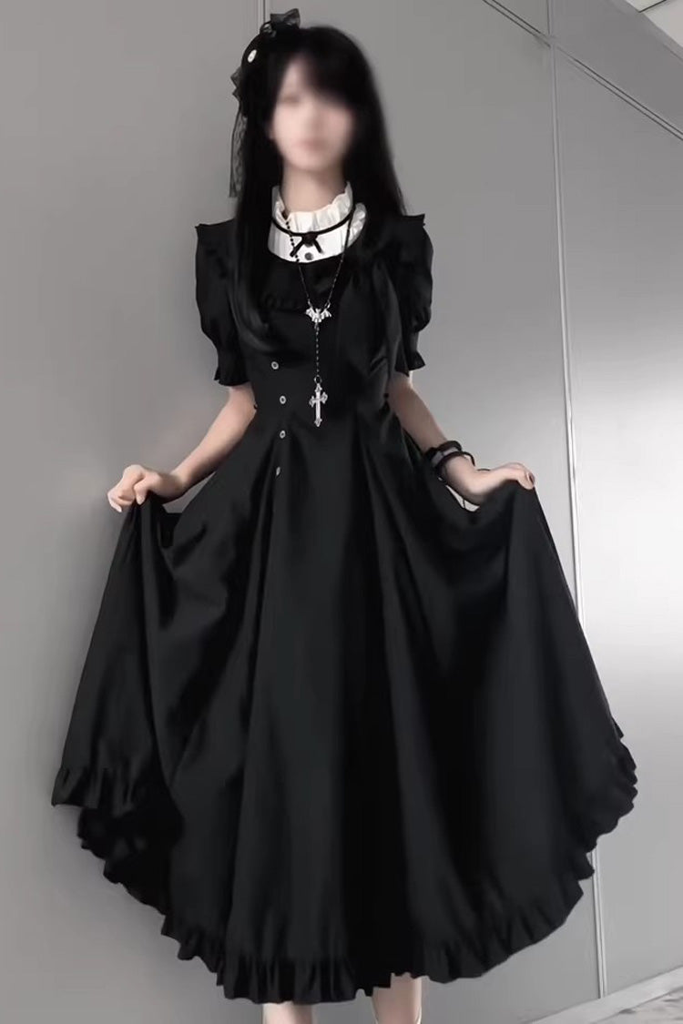 Black [Day & Night] Stand Collar Short Sleeves Ruffled Gothic Elegant Lolita Dress - Product - 5