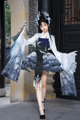 Dark Blue [Feathered Finch] Multi-Layered Print Ruffle Classic Chinese Style Lolita Jsk Dress Set - Blue - 1