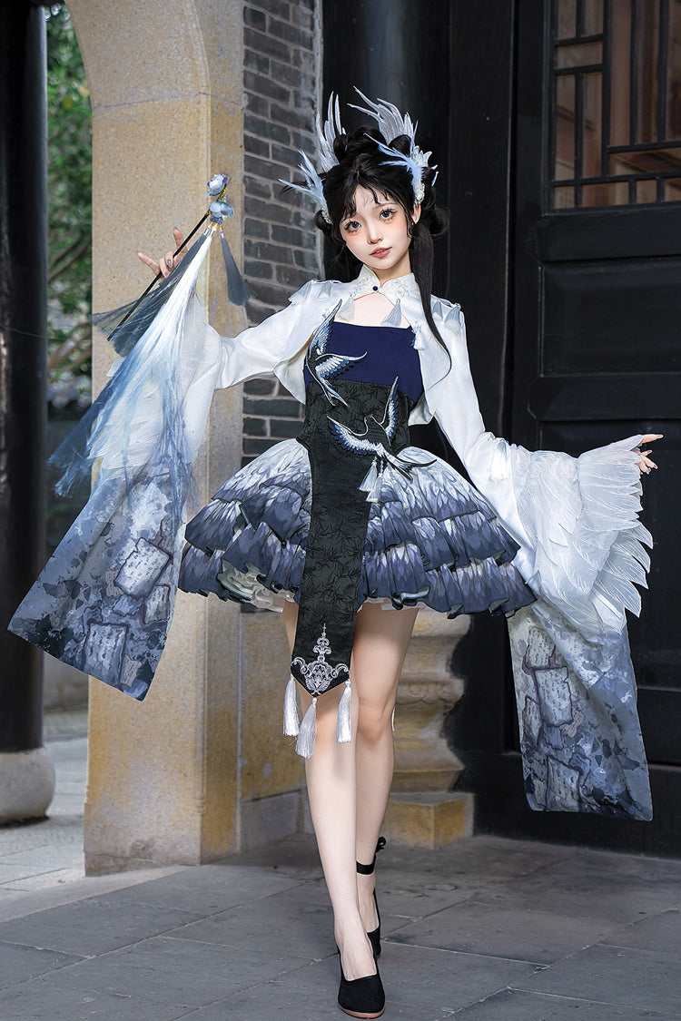 Dark Blue [Feathered Finch] Multi-Layered Print Ruffle Classic Chinese Style Lolita Jsk Dress Set - Blue - 1