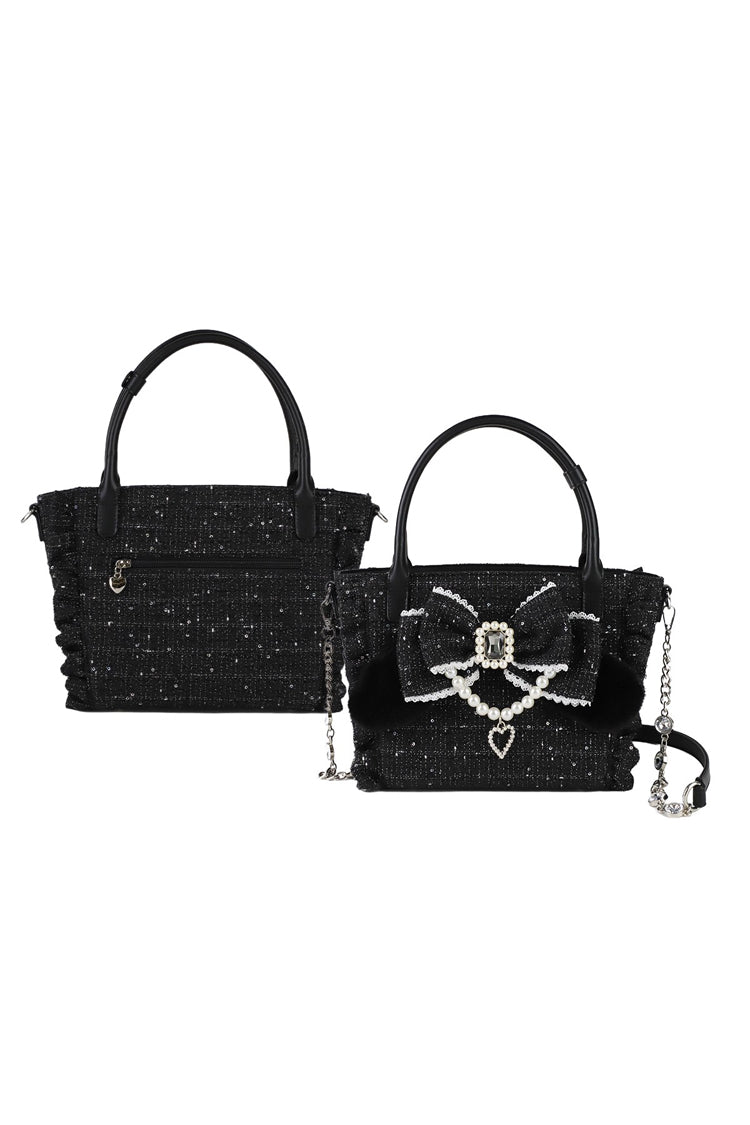 Sweet Ruffle Bowknot Zipper Pearl Chain Japanese Lolita Handbag 4 Colors - Black - 8