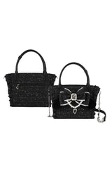 Sweet Ruffle Bowknot Zipper Pearl Chain Japanese Lolita Handbag 4 Colors - Black - 8