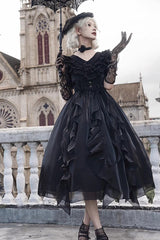 Black V-Neck Lace Cla Daily Short Puff Sleeves Gothic Lolita Dress - Product - 4