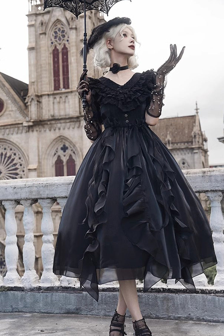 Black V-Neck Lace Cla Daily Short Puff Sleeves Gothic Lolita Dress - Product - 4
