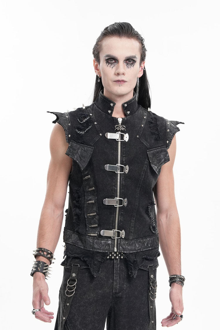 Black Stand Collar Sleeveless Rivets Chain Rings Men's Gothic Vest - Product - 5