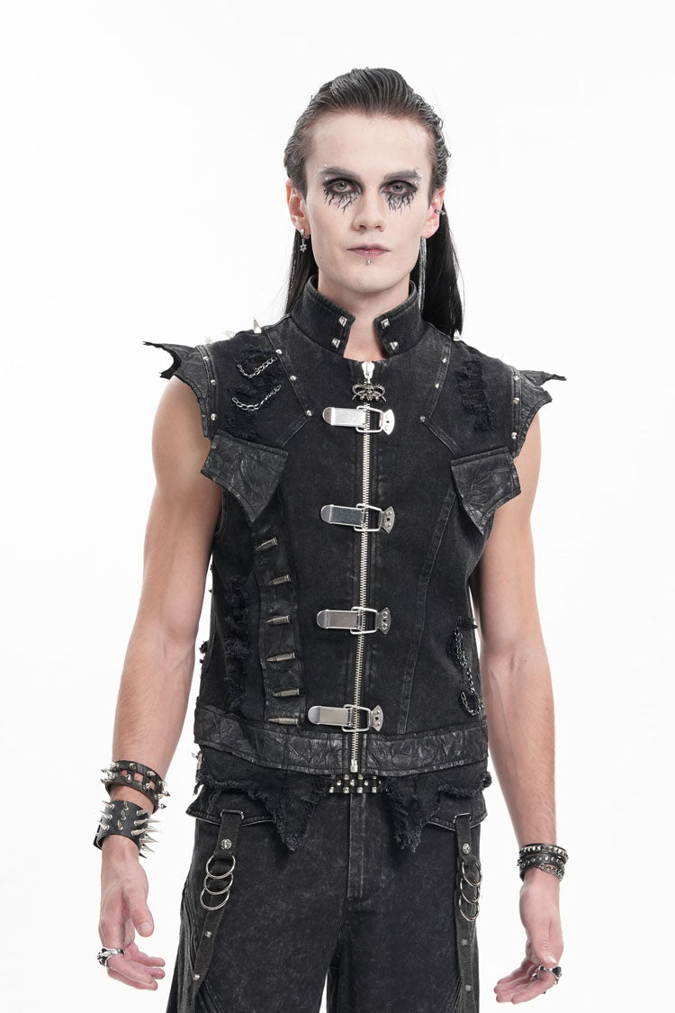 Black Stand Collar Sleeveless Rivets Chain Rings Men's Gothic Vest - Product - 5