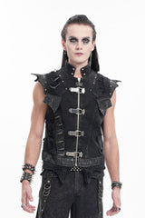Black Stand Collar Sleeveless Rivets Chain Rings Men's Gothic Vest - Product - 5