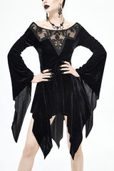 Black Off The Shoulder Hollow Out Irregular Long Sleeves Gothic Dress - Black - 1