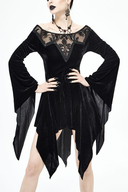 Black Off The Shoulder Hollow Out Irregular Long Sleeves Gothic Dress - Black - 1
