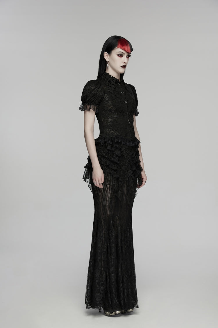 Black Embroidered Spliced Ruffled Lace Slim Mesh Women's Gothic  Mermaid Skirt - Product - 5