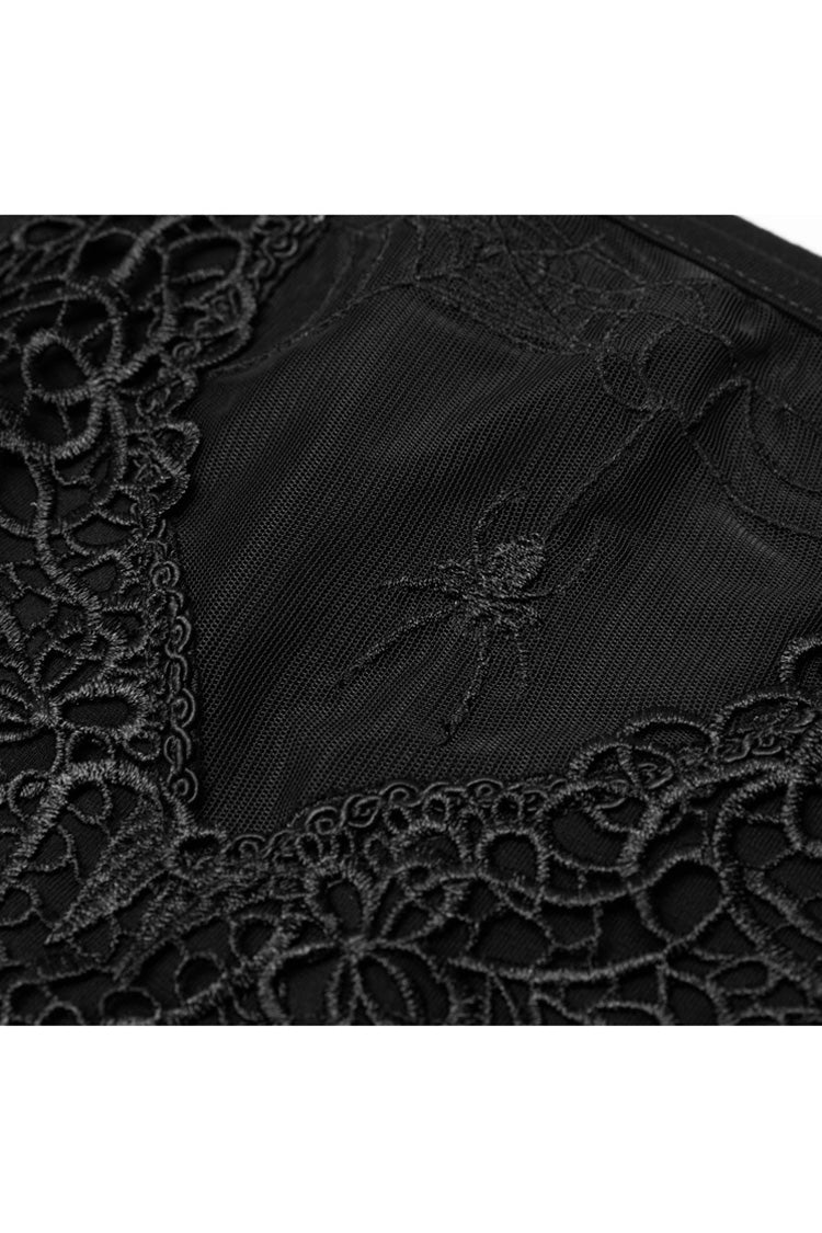 Black Short Sleeve Orizontal Neck Front Chest Lace Embroidery Frill Hem Women's Gothic T-Shirt - Product - 8