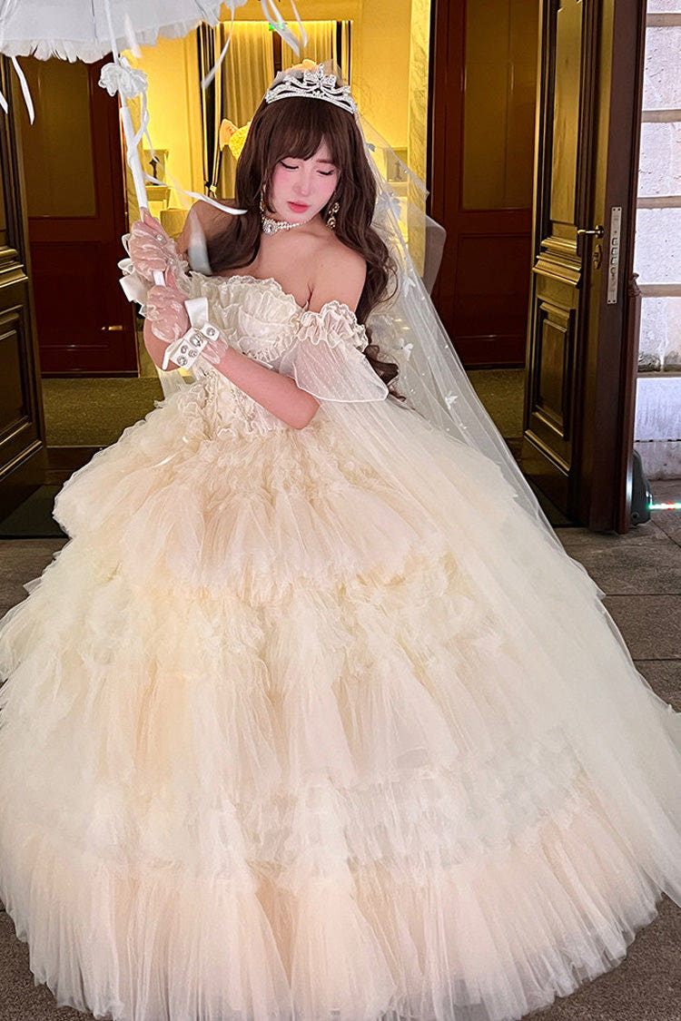 ホワイト [Maiden’s Love] オフショルダー 三層 フリル 花嫁風 リボン レース スウィートプリンセスロリータ ワンピース