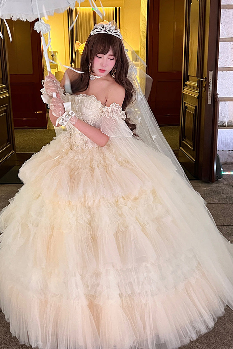 White [Maiden’s Love] Off Shoulder Triple-Layered Ruffled Hanayome Bow Lace Sweet Princess Lolita Dress - White - 1