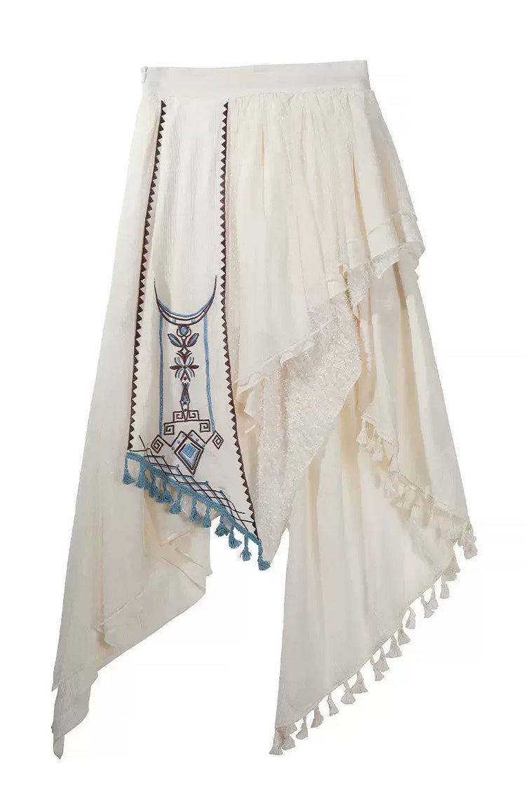 Brown/White [Dune Shadow Seeker] Sleeveless Ruffled Embroidered Irregular Vintage Lolita Skirt Set - Skirt(Only) - 17