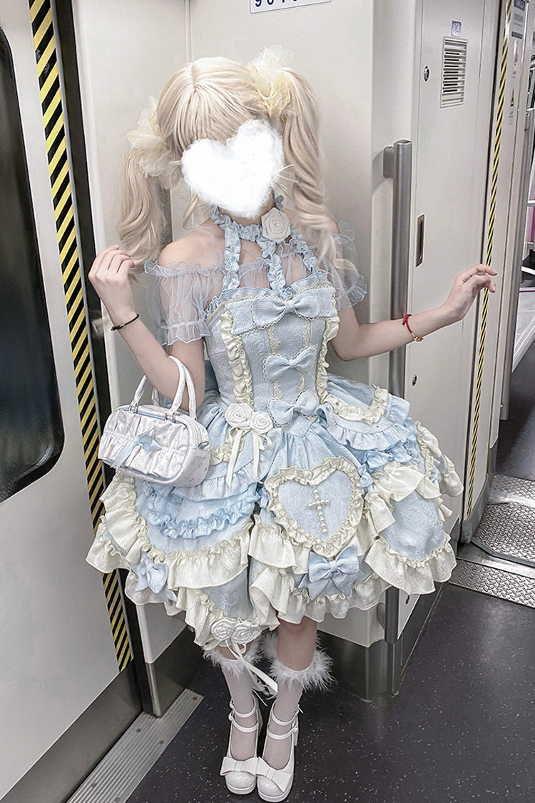 Blue [Heart of Butterfly] Halterneck Sleeveless Multi-Layered Ruffle Embroidery Princess Ballet Lolita Jsk Dress Set - Product - 11