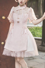 Chinese Style Stand Collar Lace Puff Short Sleeve Delicate Sweet Lolita Dress - Pink - 1