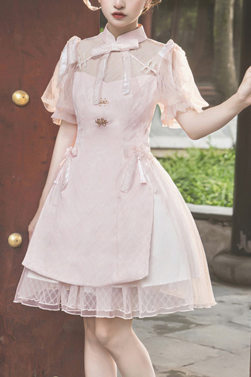 Chinese Style Stand Collar Lace Puff Short Sleeve Delicate Sweet Lolita Dress - Pink - 1
