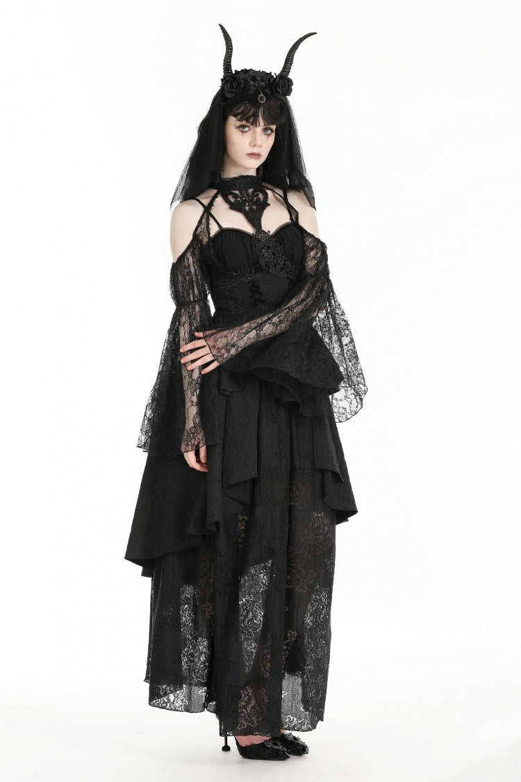 Black Off Shoulder Long Puff Sleeves Cut-Out Lace Women's Gothic Cape - Product - 10