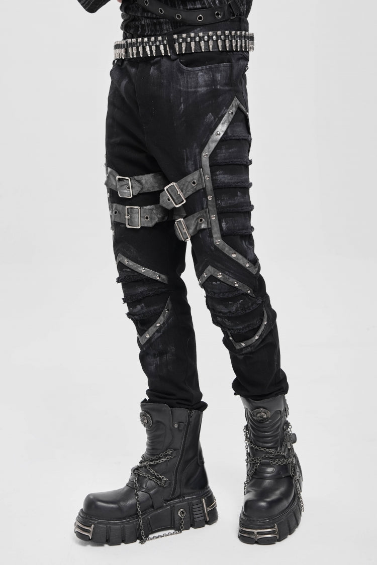 Black Buckle Straps Pleated Men's Punk Pants - Product - 3