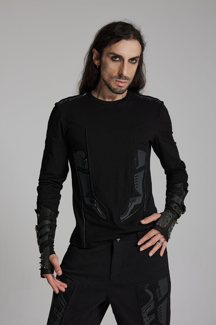 Black Round Collar Long Sleeves 3D Amor Patch Print Men's Punk T-Shirt - Product - 3