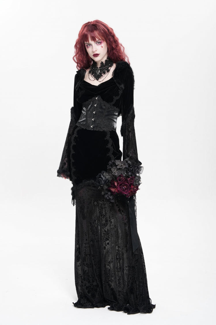 Black Long Trumpet Sleeves Embroidery Stitching Lace Hooded Mesh Women's Gothic Dress - Product - 8