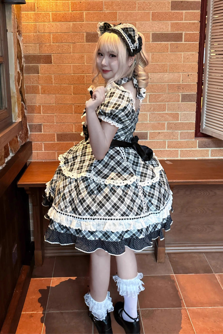 Black/White [Shibuya Sweetheart] Short Sleeves Plaid Print Ruffle Bowknot Sweet Lolita OP Dress (Plus Size Support) - Product - 7