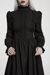 Black Stand Collar Long Trumpet Sleeves Pleated Women's Gothic Royal Dress - Product - 6