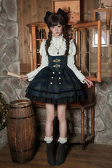 Blue/Green [Berlin's letter] Double-Layered Plaid Print Ruffle Bowknot Classic College Style Lolita Strap Dress Set 2 Versions - Blue/Green - 7