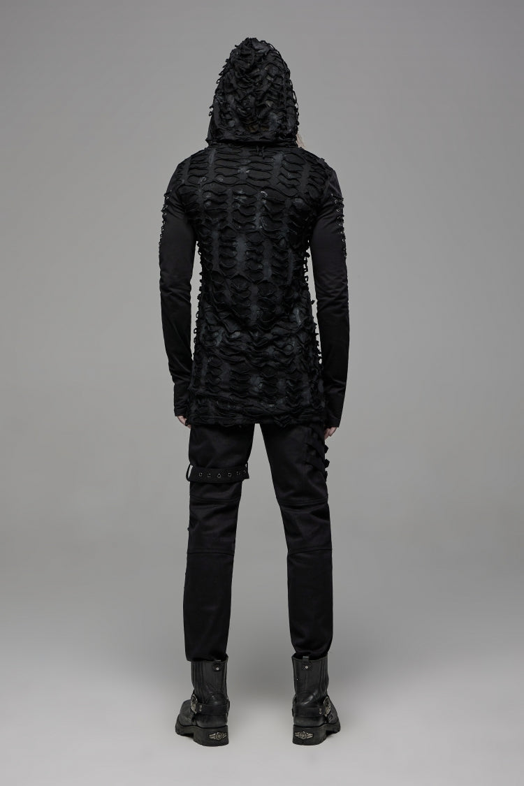 Black Long Sleeves Lace-Up Hooded Ripped Pleated Men's Gothic Cool T-Shirt - Product - 13