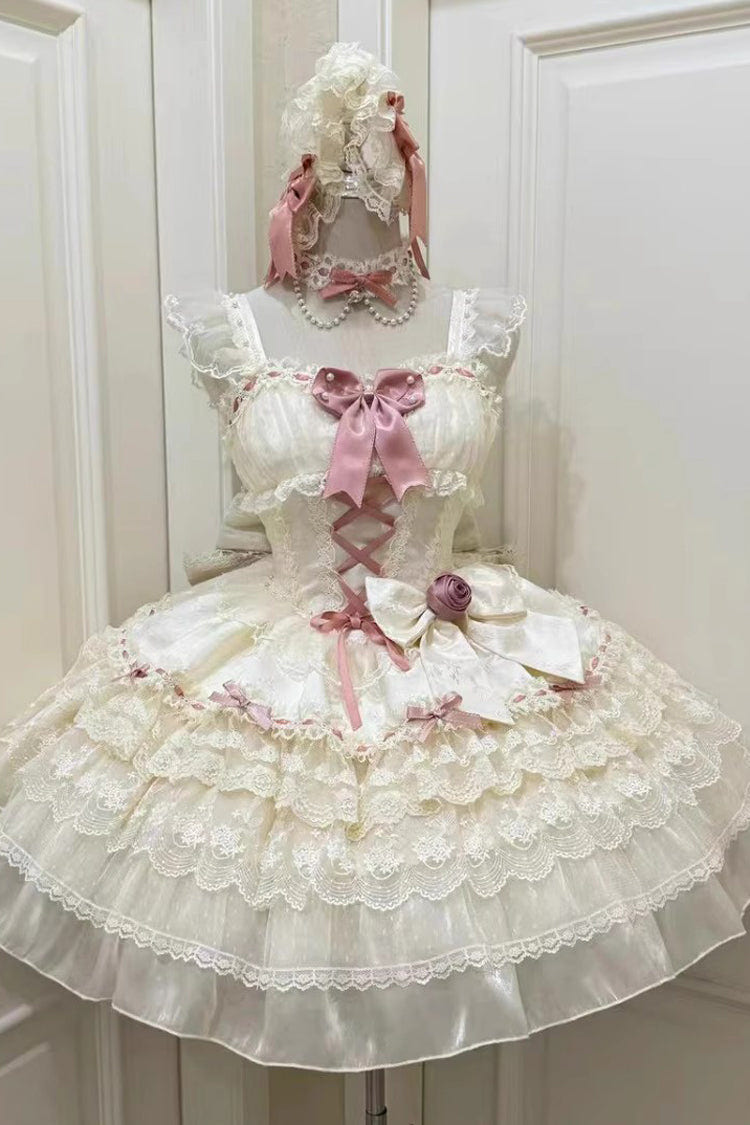 Apricot [Rose Canticle] Sleeveless Multi-Layered Bowknot Lace Lace-Up Pearl Ballet Sweet Lolita Jsk Dress - Apricot - 1