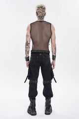 Black Round Collar Sleeveless Slim Sheer Mesh Studded Eyelet Men's Punk Handsome Vest - Product - 4