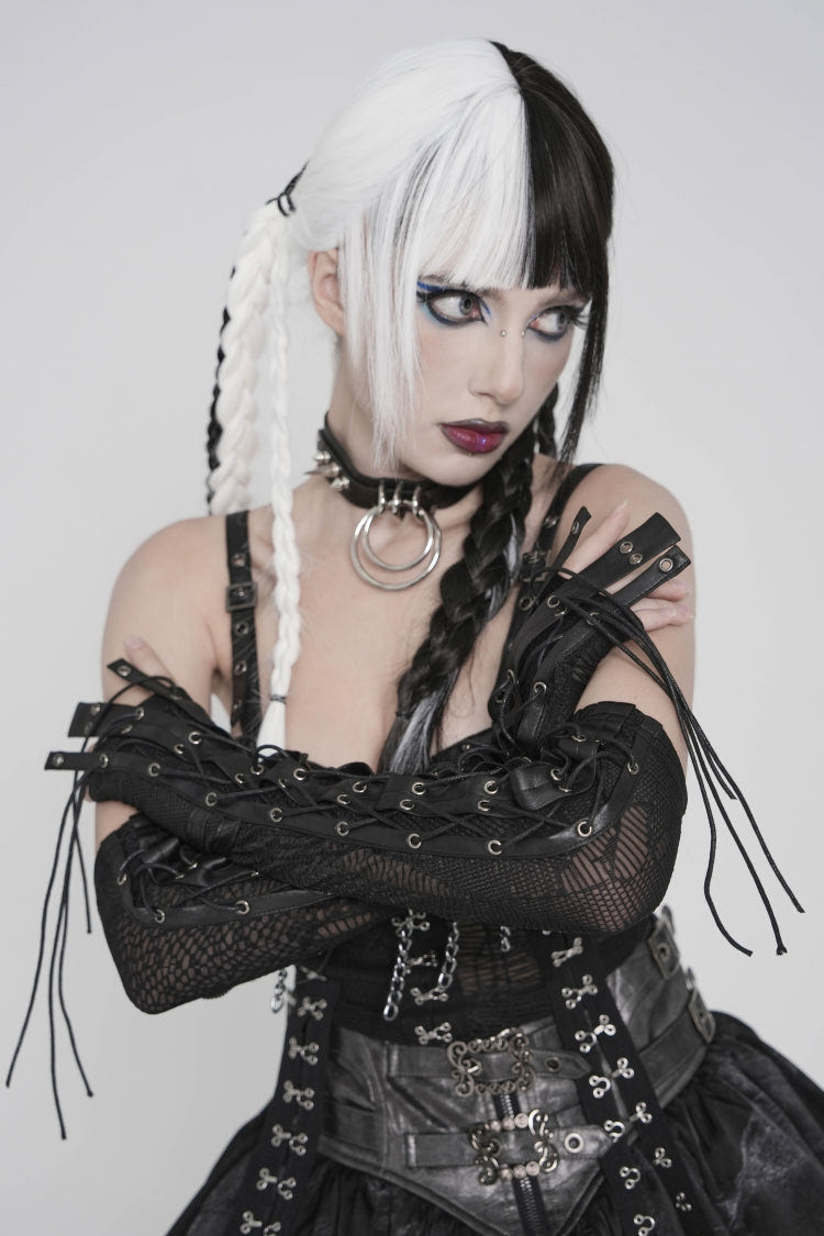 ブラック スプライス レースアップ メッシュ アイレット レディース パンク クール フィンガーレス グローブ 商品画像